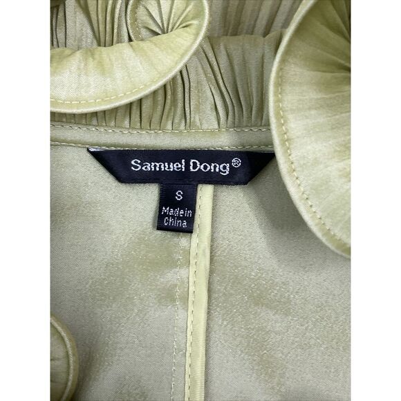 SAMUEL DONG LIME GREEN CHARTREUSE BUTTON UP WIRED RUFFLE COLLAR STRETCH SHIRT S - Picture 10 of 15